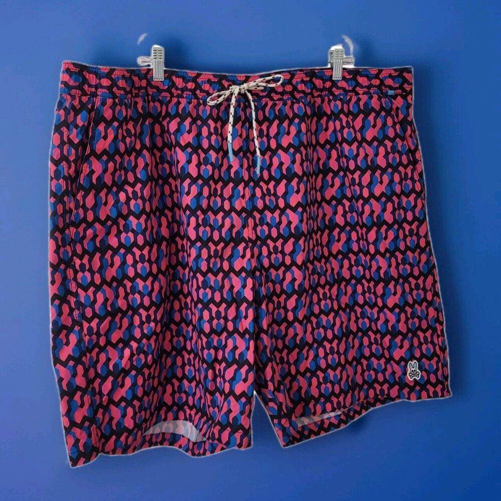 PSYCHO BUNNY Swim Shorts Trunks Men 3XL Drawstrings Mesh Liner Geometric Pink